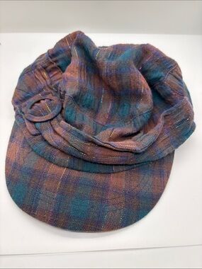 D&Y Plaid Newsboy Cap in Teal and Brown with Metallic Thread
